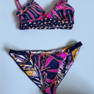 Reversible Floral Bikini Set with Pink and Navy Design